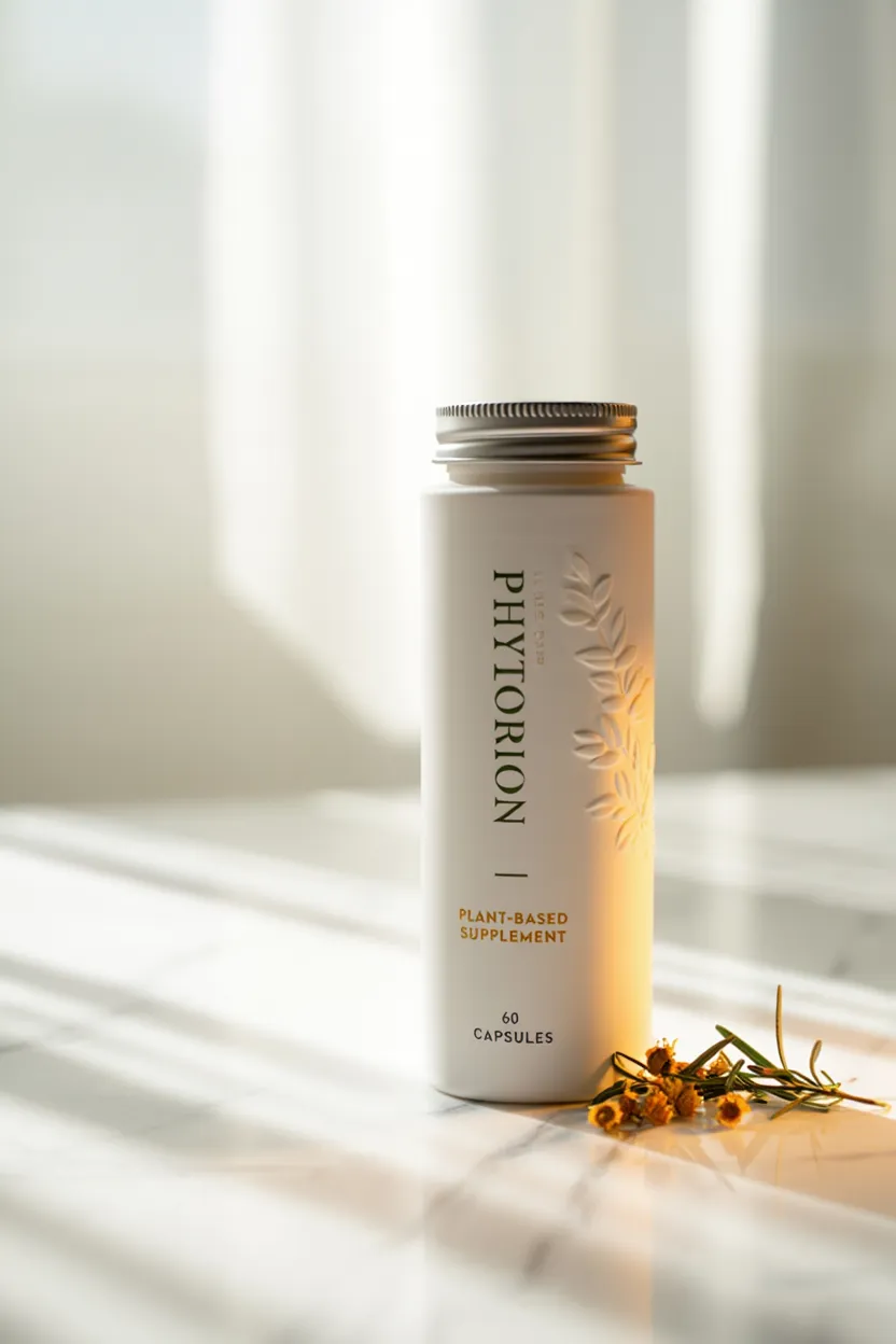 Phytorion plant-based supplement bottle with natural botanical ingredients displayed on a clean background